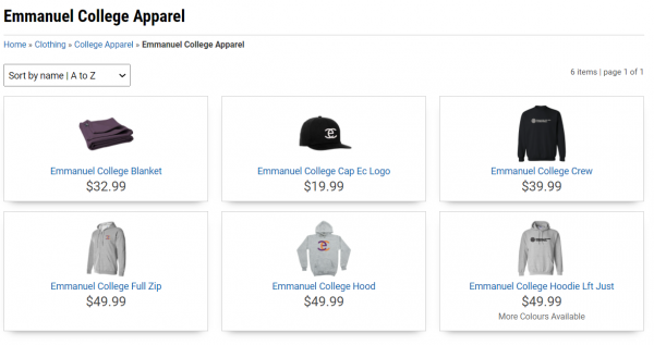 Image of items at Emmanuel Shop, Blanket, Ball cap, Crew neck Sweater, Zip-up sweater, hoodies.