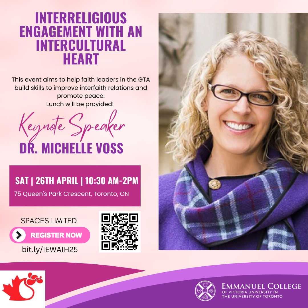  Interreligious Engagement with an Intercultural Heart - April 26, 2025 graphic featuring photo of Michelle Voss.